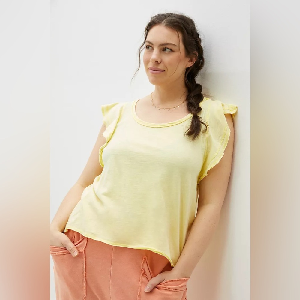 Daily Practice by Anthropologie Flutter Sleeve Cotton Tee - Bright Celery - XL